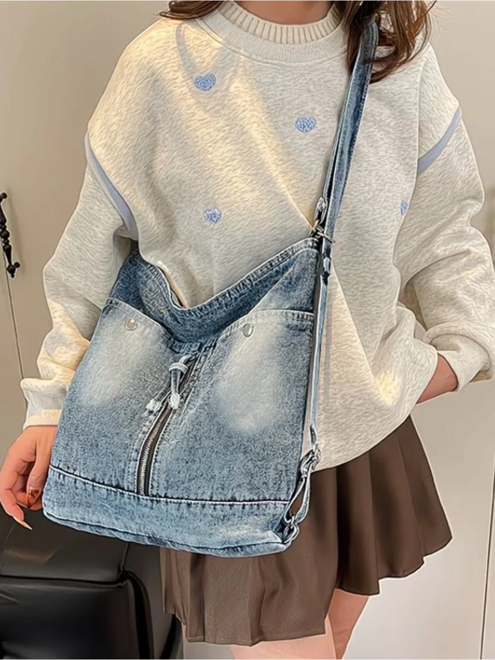 Casual Denim Hobo Bag - Light Blue
